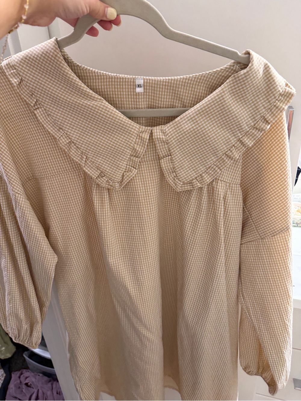 Women's Beige Gingham Ruffle Collar Blouse